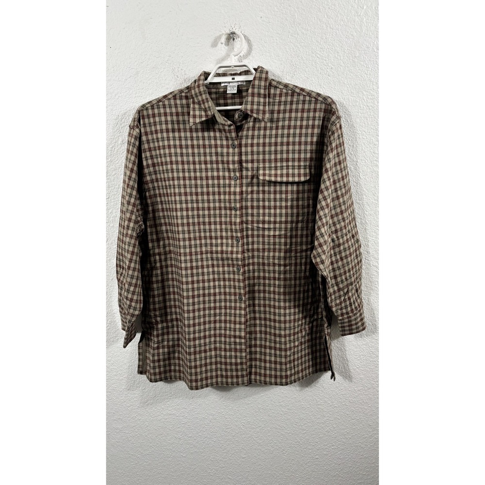 Vintage Geoffrey Beene Shirt Womens Large Beige Green Plaid Flannel Shacket 90s